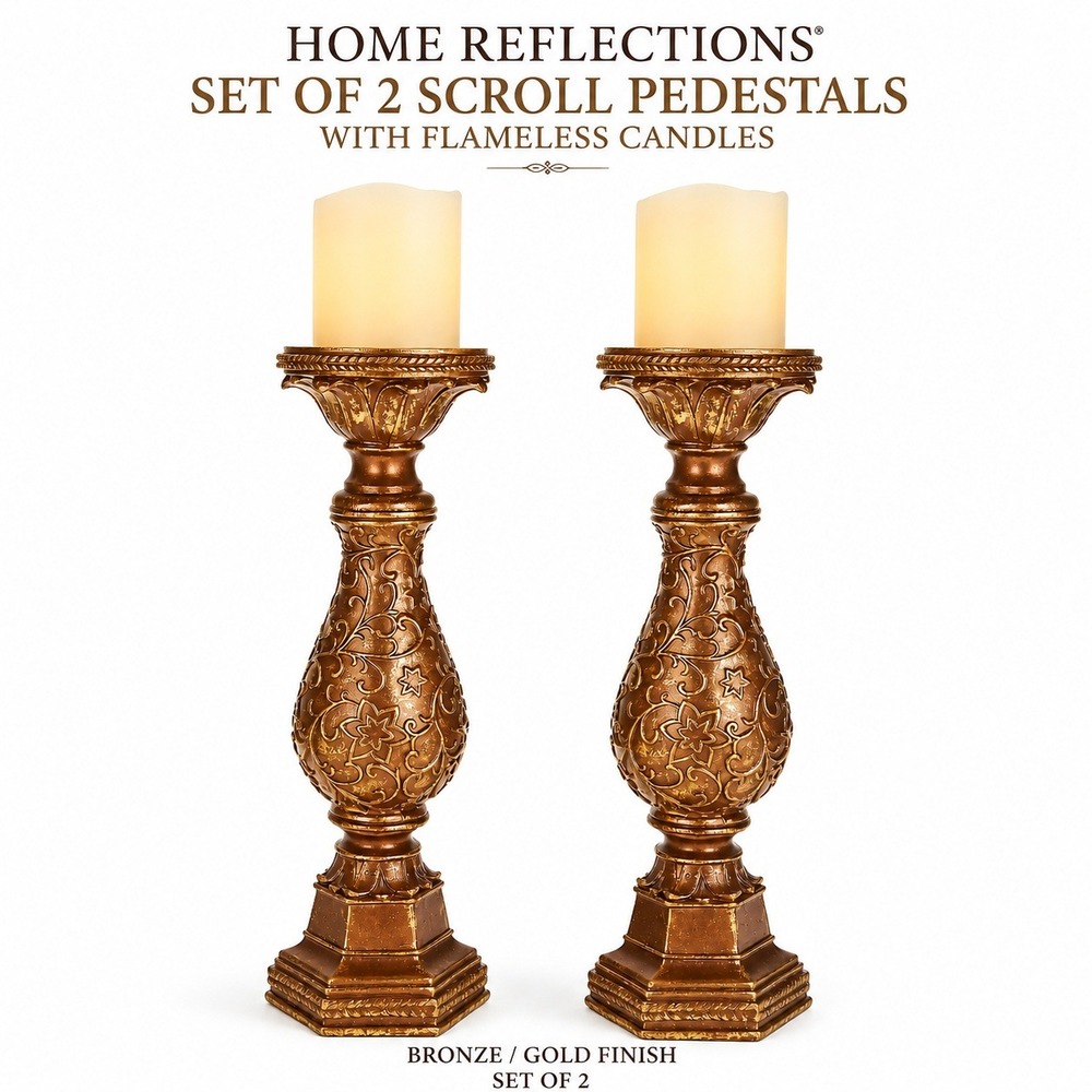 Home Reflections Set of 2 Scroll Pedestals with 4" Flameless Wax‎ Candles Bronze